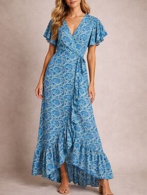 Vintage Silk Wrap Maxi Dress Blue Paisley Boho Womens M/L Cottagecore Resortwear